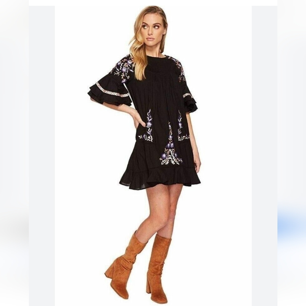 Free People Pavlo Babydoll Embroidered Dress Size Small Black